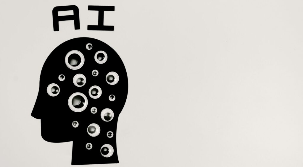 Abstract illustration of AI with silhouette head full of eyes, symbolizing observation and technology.